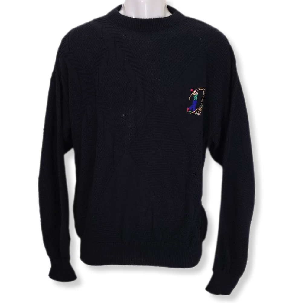 Jantzen Mens L Sweater Navy Golf Embroidered Long Sleeve Crew Neck Pullover Vtg
